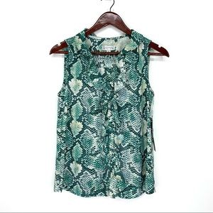Tahari Green Snakeskin Print Ruffle Button Front Sleeveless Career Dressy Blouse